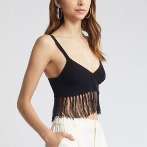 Open Edit Fringe Sweater Bralette Black Knit Crop Festival Boho Nordstrom M NWT